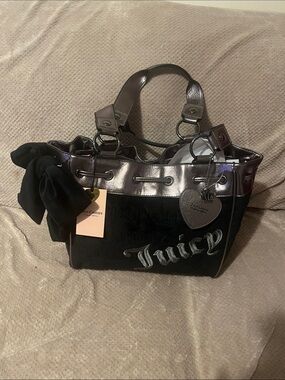 Day Dreamer in Black Suede & Shiny Gunmetal Tote with Heart Charm New With Tags